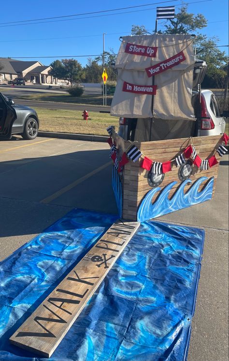 Pirate Boat Trunk Or Treat, Trunk Or Treat Ideas For Trucks Pirate, Christian Pirate Trunk Or Treat, Pirate Homecoming Float, Treasure Chest Trunk Or Treat, Pirate Themed Parade Float, Pirate Booth Ideas, Pirate Truck Or Treat Ideas, Trunk Or Treat Walk The Plank