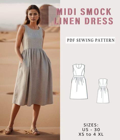 YSpatterns - Etsy Canada Linen Smock Dress Pattern, Free Sewing Patterns Dress Women, Montana Midi Dress, Sewing Patterns Linen, Sew Clothes Women, Easy Sewing Patterns Clothes, Sun Dress Sewing Pattern, High Waisted Dress Pattern, Easy Sew Dresses For Women