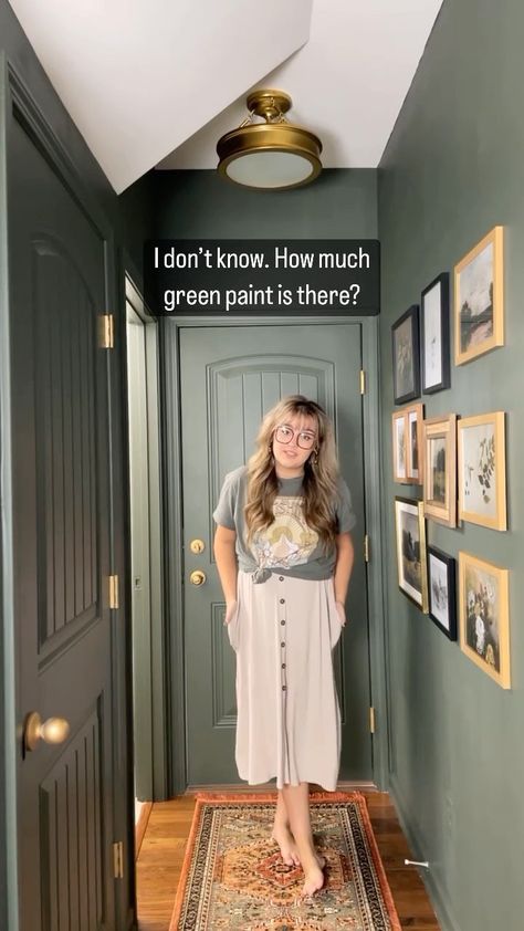 Green paint galore by @olivebranchcottage 💚 ______________ #beforeandafter #home #architectures #design #decoration #architect #homedecor … | Instagram Black Interior Doors Green Walls, Passage Colour Ideas, Small Dark Closet, Green Cabinets Living Room, Tiny Hallway Decor, Dark Green Interior Doors, Green Walls And Trim, Small Dark Hallway Ideas, Green Walls Black Trim