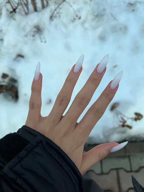 Trending Long Nails, Milky White Almond Nails, Long White Nails, Long Almond Nails, Nyc Nails, Long Almond, Lilac Nails, Milky Nails, Vintage Nails