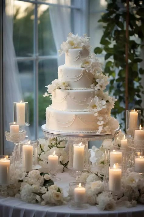 Wedding Cake Table Ideas: Elegant Displays to Sweeten Your Special Day - OMG Hitched Wedding Ideas Dessert Tables, Wedding Decorations Table Elegant, Hailey Bieber Wedding Cake, Timeless Wedding Cake Ideas, Cake Table Set Up Wedding, Elegant Grooms Cake, Wedding Table Decor Ideas Elegant, Classic Tiered Wedding Cake, Fondant Wedding Cakes Elegant