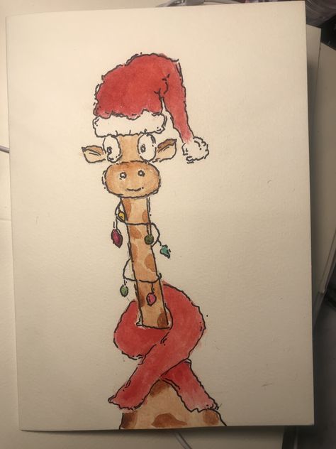 Christmas Drawing Animals, Christmas Ideas To Draw, Giraffe Christmas Card, Christmas Animal Painting, Christmas Card Art Drawing, Cute Christmas Drawing Ideas Easy, X Mas Cards Ideas, Cute Christmas Card Ideas Drawing, Christmas Card Ideas Watercolour