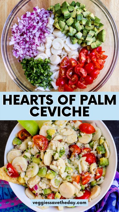 Hearts of Palm Ceviche is a vegan version of the classic Peruvian seafood dish made with fresh lime juice, red onion, and jalapenos. Enjoy it with tortilla chips as a delicious appetizer or snack. Hearts Of Palm Ceviche Recipe, Heart Of Palm Ceviche, Passion Fruit Ceviche, Hearts Of Palm Snack, Canned Hearts Of Palm Recipes, Vegetable Ceviche, Hearts Of Palm Ceviche, Vegetarian Ceviche, Peruvian Seafood