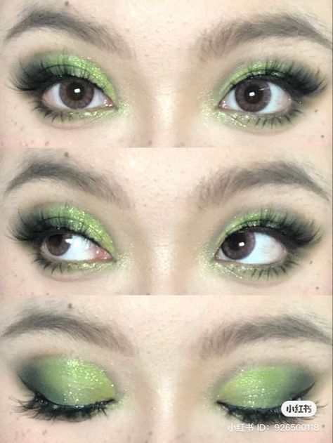 "Oh Christmas brow, oh Christmas brow, how lovely are your arches... Pretty Green Eye Makeup, Jade Eye Makeup, Pretty Green Makeup, Prom Fairy Makeup, Soft Fairycore Makeup, Green Star Makeup, Green Makeup Korean, Frog Inspired Makeup, Cute Green Makeup Looks