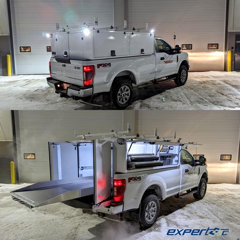 At Expertec, we believe that safety and convenience are paramount in any job. That's why we've made interior and exterior LED lighting standard on all of our Aluminum Slip-In Service Bodies! Whether you're working late into the night or in low-light conditions, our LED lighting solutions provide reliable, high-quality illumination to keep you and your crew safe and productive. Work Truck Setup, Service Bed Truck, Truck Bed Toppers, Exterior Led Lighting, Aksesoris Jeep, Truck Bed Box, Work Truck Storage, Toyota Overland, Truck Garage