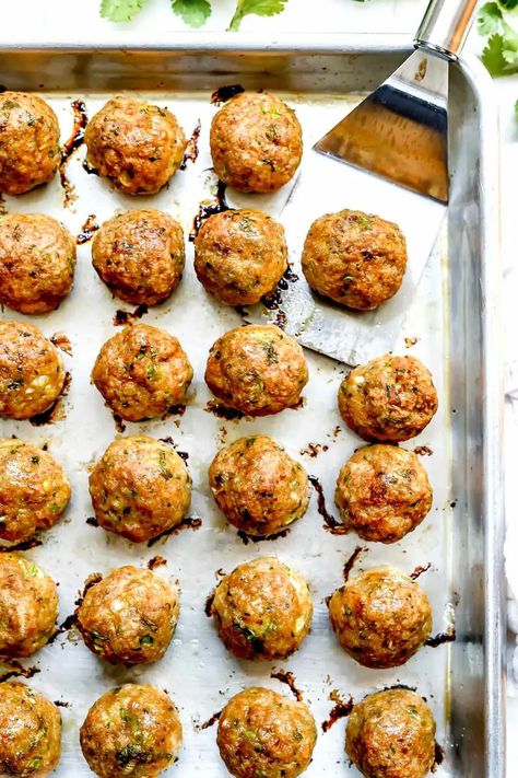 Thai Turkey Meatballs, Thai Meatballs, Baked Turkey Meatballs, Ground Turkey Meatballs, Asian Meatballs, Red Curry Sauce, Turkey Meatballs Baked, Healthy Ground Turkey, Coconut Curry Sauce