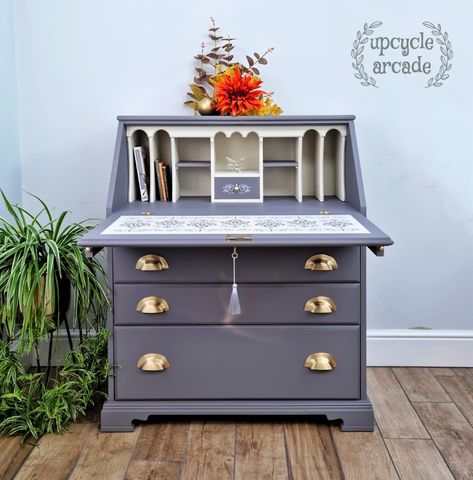 Bureau Writing Desk by Younger Mid-Century Modern Teak in grey and damask – Upcycle Arcade Upcycled Bureau Ideas, Bureau Upcycle, Letter Desk, Working Office, Writing Bureau, Furniture Upcycling, Upcycling Furniture, Home Working, Upcycle Ideas