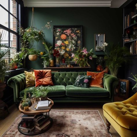 3 Dark Green Sofa Living Room Concepts for a Lush Space • 333+ Images • [ArtFacade] Green Couch Library, Black Living Room Green Sofa, Velvet Green Couch Decor, Green Walls Green Couch, Deep Green Velvet Sofa, Dark Maximalism Decor, Dark Green Lounge Room, Dark Green Living Room Furniture, Green Accent Couch