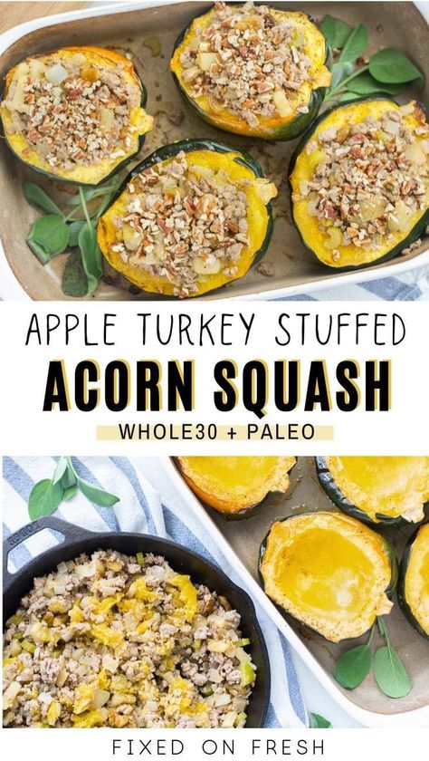 Turkey Stuffed Acorn Squash, Cook Acorn Squash, Paleo Acorn Squash, Apple Turkey, Roasted Acorn Squash, Arbonne Recipes, Stuffed Acorn Squash, Acorn Squash Recipes, Fast Foods