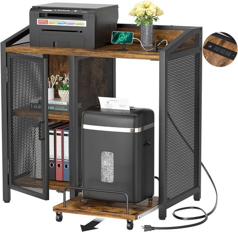 Unikito 3-Tier Lateral Office Filing Cabinets with Socket and USB Charging Port, Modern Printer Stand and Paper Shredder Stand Rack with Wheels and Open Storage Shelves for Home Office, Rustic Brown Home Office, Shelves For Home Office, Open Storage Shelves, Paper Shredder, Printer Stand, Filing Cabinets, Rustic Brown, Open Storage, Storage Shelves