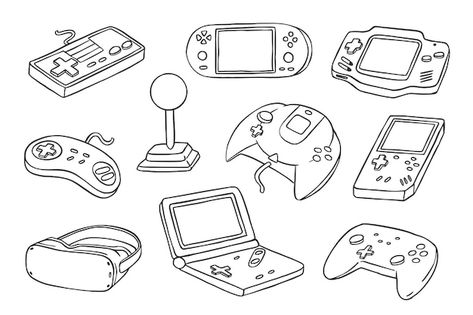 Hand drawn doodle game console collectio... | Premium Vector #Freepik #vector #button #cartoon #laptop #internet Gaming Doodle Art, Game Console Drawing, Gaming Coloring Pages, Video Game Doodles, Game Console Illustration, Game Doodle, Drawing Effects, Gaming Illustration, Console Collection