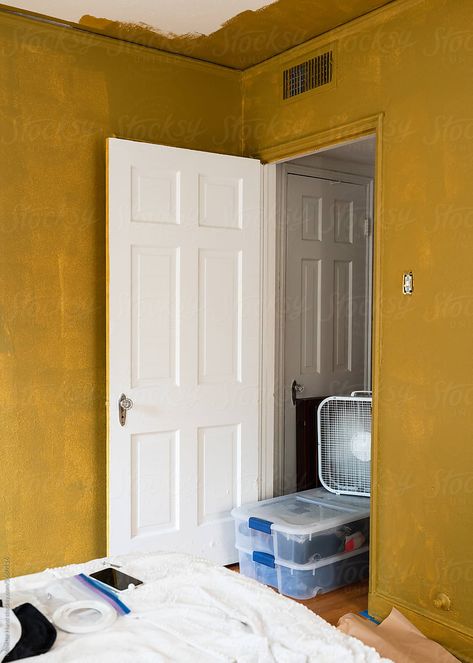 Process photo of room being painted a deep ochre yellow Repainting Walls, Hand Photography, Ochre Yellow, Room Painting, Room Paint, Painting Supplies, White Aesthetic, Painting Inspiration, Royalty Free Stock Photos