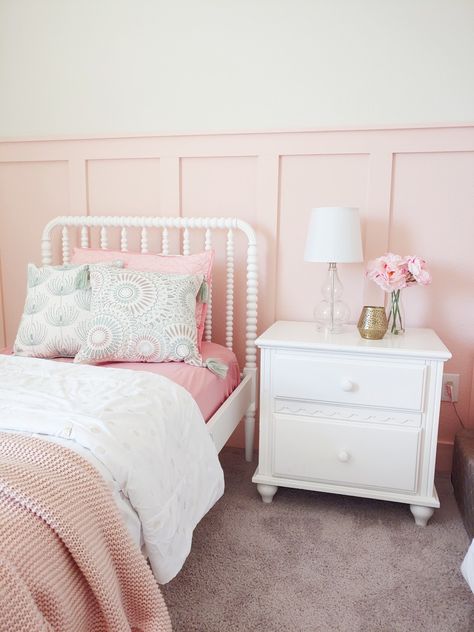 DIY wall paneling Nursery Initials On Wall, Pink Room Panelling, Half Wall Half Wallpaper, Pink Board And Batten Wall Bedroom, Pink Panelled Walls, Paint Sample Wall Art, Pink And White Panelling, Blush Panelling, Pink Paneling Bedroom