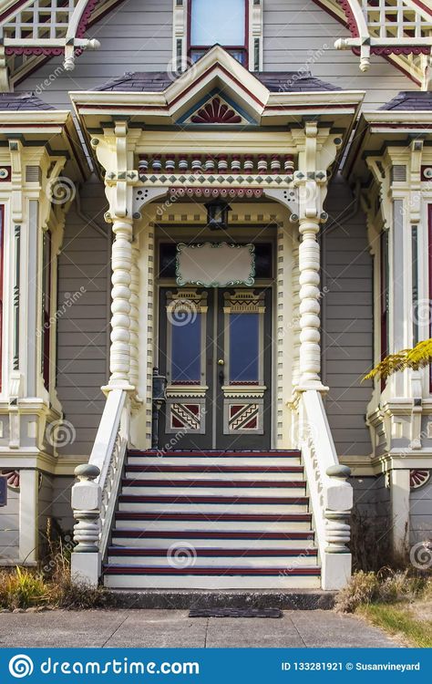 Photo about Victorian era gingerbread trimmed home entrance with steps up to front door and painted bric a brac. Image of california, classic, estate - 133281921 Victorian Portico, Gingerbread House Porch, Door Steps Ideas, Front Door Steps Ideas, Edwardian Decor, Door Portico, Victorian Entrance, Victorian Front Door, Gingerbread Trim