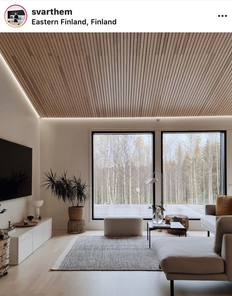 Wood Ceilings Modern, Wood Slats On Ceiling, Slat Wall Vaulted Ceiling, Wood Slat Ceiling Bedroom, Modern Vaulted Ceiling Bedroom, Wood Panelling Ceiling, Slat Wood Ceiling, Floating Ceiling Design, Light Panel Ceiling