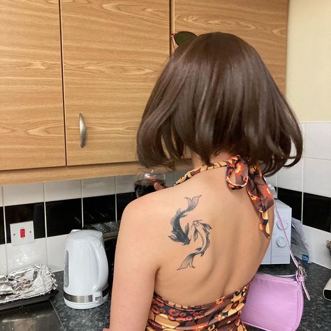 Pisces Best Friend Tattoo, Pisces Tattoo Back Shoulder, Koi Fish Upper Arm Tattoo, Pisces Stomach Tattoo, Pisces Tattoo Koi Fish, Big Pisces Tattoo, Studio Ghibli Matching Tattoo Ideas, Koi Fish Tattoo Placement Ideas, Pisces Tattoo On Back