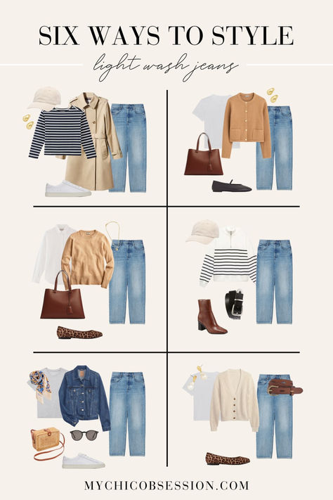 If you’re working on building a capsule wardrobe for spring outfits, you’ll want a pair of light wash jeans. Here are six ways you can style them with other wardrobe staples! Wardrobe Combinations Ideas, Light Spring Style Outfit Ideas, Wardrobe Spring 2024, Spring 2024 Fashion Outfits, 2024 Spring Casual Outfits, Casual Outfits Spring 2024, Outfit Ideas For Spring 2024, What To Wear Spring 2024, Spring 2024 Wardrobe