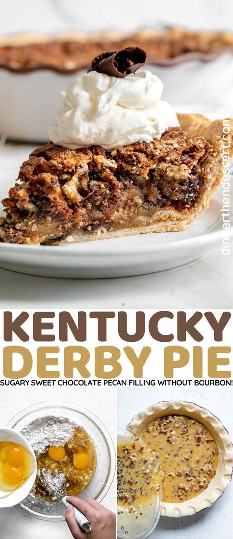 Kentucky Derby Pie is a rich and creamy pie made with sugar, butter, vanilla, chopped pecans and chocolate chips baked in a flaky pie crust. Kentucky Derby Chocolate Walnut Pie, Chocolate Derby Pie, Ky Derby Pie Recipe, Kerns Derby Pie Recipe, Ky Derby Pie, Derby Pie Bars Recipe, Kentucky Pie Recipe, Kentucky Derby Pie With Bourbon, Kentucky Pecan Pie Recipe