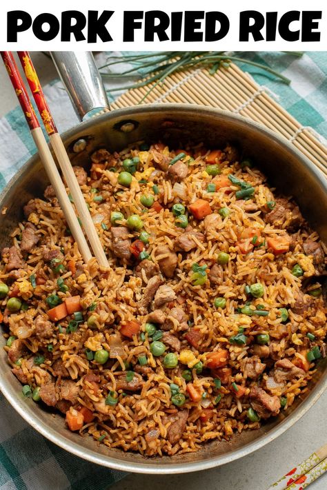 Whip up this Easy Pork Fried Rice Recipe at home that's faster than takeout! Learn how to combine savory pork, veggies, and rice into a delicious meal in just 15 minutes. Say goodbye to delivery with this simple homemade fried rice recipe. Perfect for satisfying your Chinese food cravings! Fried Rice Recipe Pork, Chinese Pork Fried Rice Recipe Authentic, Rice And Pork Recipes, Pork Fried Rice Recipe Authentic, Pork Fried Rice Recipe Chinese, Chinese Fried Rice Recipe Authentic, Pork Fried Rice Recipe Easy, Ground Pork Fried Rice, Bbq Pork Fried Rice Recipe