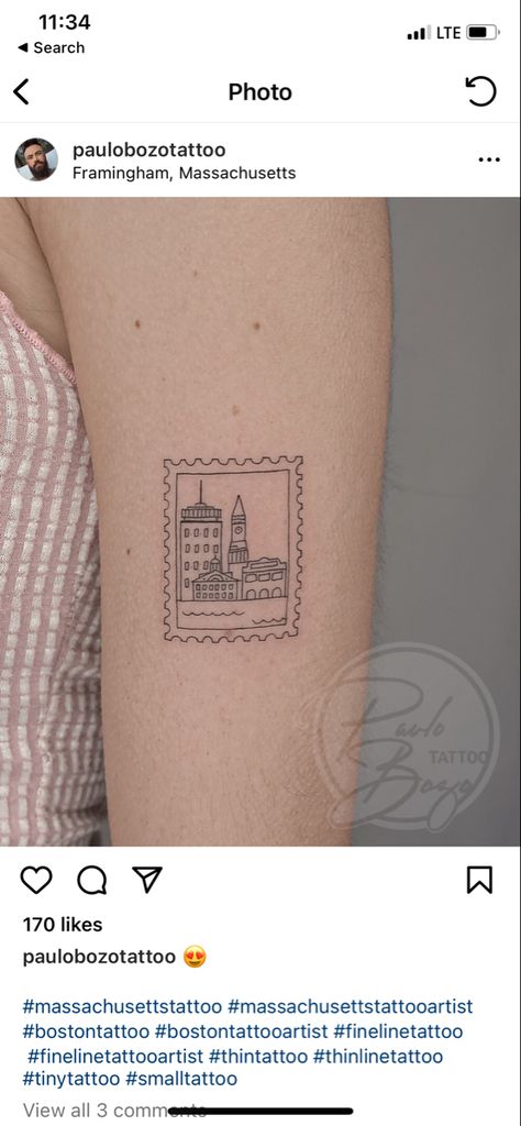 Boston Stamp Tattoo, Boston Inspired Tattoo, Stamp Tattoo Location, Fine Line Frame Tattoo, Chicago Stamp Tattoo, Amsterdam Stamp Tattoo, England Stamp Tattoo, Tattoos To Get In London, Amsterdam House Tattoo