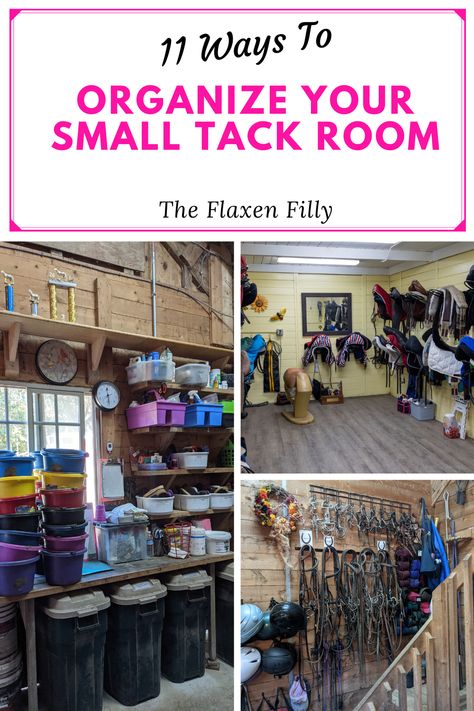 11 Awesome tips to help your organize your barn tack room better! Horse Organization Tack Rooms, Tack Hanging Ideas, Horse Grain Room Ideas, 12x12 Tack Room Ideas, Tack Stall Ideas, Equine Tack Room Ideas, Horse Bit Storage Ideas, Storage Container Tack Room, Tack Room Organization Diy Storage Ideas