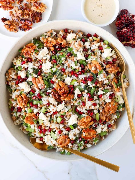 Pomegranate Recipes Salad, Lentils Rice, Pomegranate Salad, Brown Lentils, Vinegar Dressing, Hearty Salads, Brussel Sprout Salad, Walnut Salad, Dinner This Week