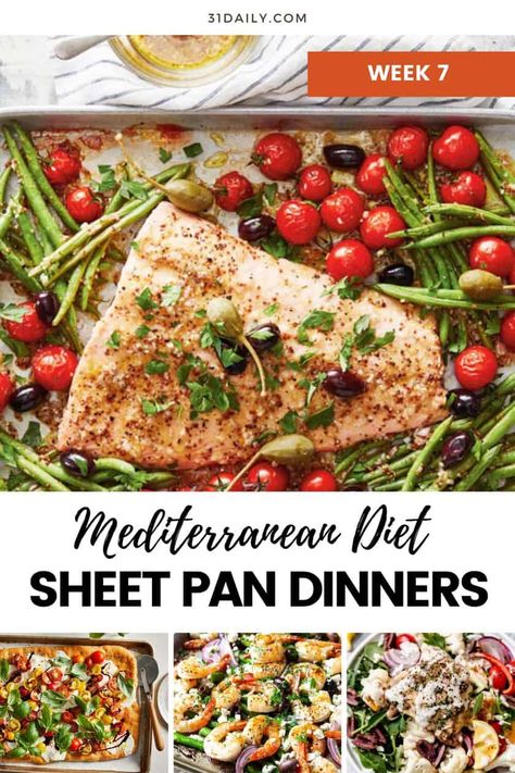 Sheet Pan Mediterranean Diet Dinners: When you ask yourself, "What's for dinner this week?" Look no further than these scrumptious and healthy Mediterranean Diet Dinners, all made on a sheet pan. Easy clean-up, healthy, and simple. It's what's on the menu this week. Mediterranean Diet Eating Out, Mediterranean Diet Sheet Pan Dinners, Weekly Mediterranean Meal Plan, Mediterranean Diet Recipes Meal Plan, Mediterranean Diet Recipes Slow Cooker, Liver Diet Recipes Healthy Food, Mediterranean Sheet Pan Recipes, Mediterranean Diet Meal Plan For Beginners, Mediterranean Diet Sheet Pan Recipes