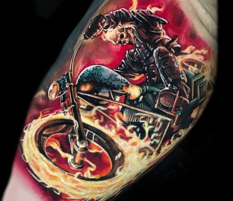 Ghost Rider tattoo by Victor Zetall Ghost Rider Tattoo Design, Ghost Rider Images, Rider Tattoo, Ghost Rider Tattoo, Sleeves Tattoos, Wolf Tattoos Men, Stitch Tattoo, Biker Tattoos, Tattoos Men