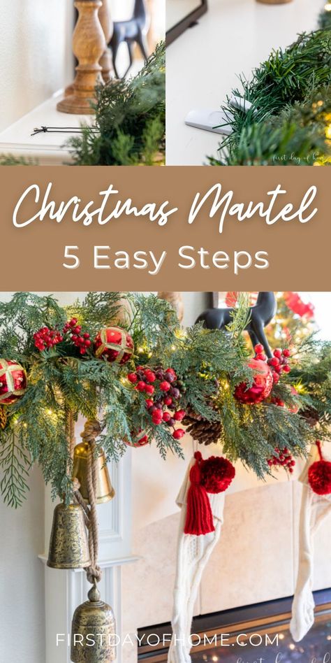 Christmas mantel and images of hooks used to hang heavy objects on the fireplace mantel Diy Christmas Mantel Garland, Diy Christmas Mantle Decor, Diy Christmas Mantle, Mantle Christmas Decor Ideas, Garland On Mantle, How To Hang Garland On Mantel, Diy Christmas Mantel, Christmas Mantel Garland, Christmas Garland Mantle