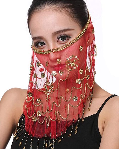 Belly Dance Face Mask, Egyptian Halloween Costume, Egyptian Mask, Genie Costume, Belly Dancer Outfits, Red Veil, Belly Dancer Costumes, Digital Dress, Red Cheeks