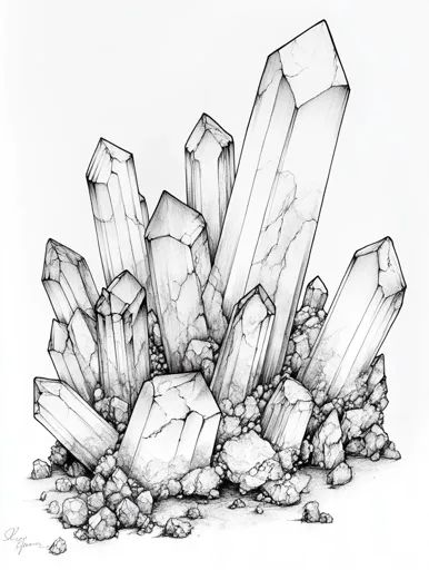 ↑↑↑ Larger size on website 🔸 A detailed black and white drawing of a cluster of crystals. The crystals are drawn with intricate d Geode Drawing Simple, Mineral Drawing, Crystal Cluster Drawing, Drawn Crystals, Crystal Sketch, Draw Crystals, Crystal Drawing, Grayscale Image, White Drawing