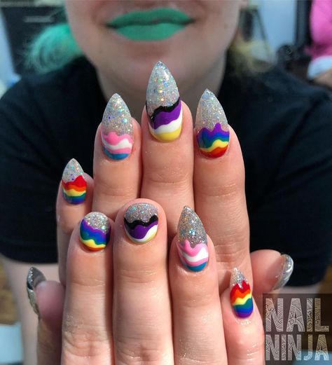 Non Binary Nail Art, Pan Flag Nails, Trans Flag Nails, Trans Flag Makeup, Non Binary Nails, Blm Nails, Nonbinary Nails, Pride Flag Nails, Lgbt Nail Art