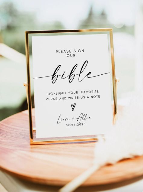 Wedding Guest Book Bible Sign - Make your wedding day even more meaningful with our Wedding Guest Book Bible Sign. This unique and touching addition to your celebration invites guests to leave heartfelt messages alongside their favorite Bible verses, creating a cherished keepsake that you'll treasure forever.  Crafted with care, this sign is a delightful addition to your wedding decor, effortlessly blending with any theme or color scheme. Whether you're hosting a chic, contemporary wedding or a rustic, laid-back affair, this versatile piece will fit right in. This template is fully editable to include changing all text, font, font size, font color, background color, and adding your own photos. Instant access, download unlimited times and edit within the browser 3 different sizes which you Guest Bible Wedding, Bible For Guest Book At Wedding, Wedding Bible Sign Guest Books, Sign A Bible Wedding, Sign Our Bible Wedding, Guest Book Bible, Wedding Bible Guest Book, Bible Guest Book, Guest Book Signage