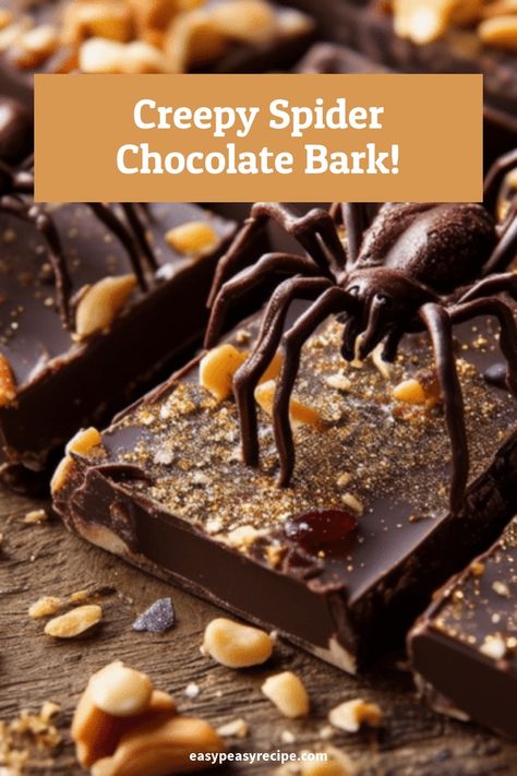 Close-up of chocolate bark pieces topped with crunchy nuts and realistic spider decorations. School Cookies Recipe, Simple Baked Salmon, Chocolate Spiders, Baked Salmon Lemon, Kindergarten Party, Chocolate Bark Recipe, Easy Zucchini Recipes, Treats For Kids, Gluten Free Candy