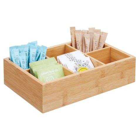 mDesign Bamboo Wood Compact Tea & Food Storage Organizer Bin Nutrition Office, Tee Organisation, Friends Cafe, Organization Accessories, Kitchen Storage And Organization, Tea Organization, Tea Bag Organizer, Bamboo Kitchen, Kitchen Storage Boxes