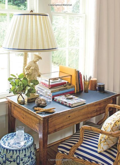 SOUTHERN LIVING Small Space Ideas: Southern Living - 2017-7-7 SIP, Meredith: 9780848756178: Amazon.com: Books Deep Desk, Pretty Desk, Pretty Desks, Small Workspace, Striped Chair, Desk Drawer, Small Space Organization, Chinoiserie Chic, Glass Box