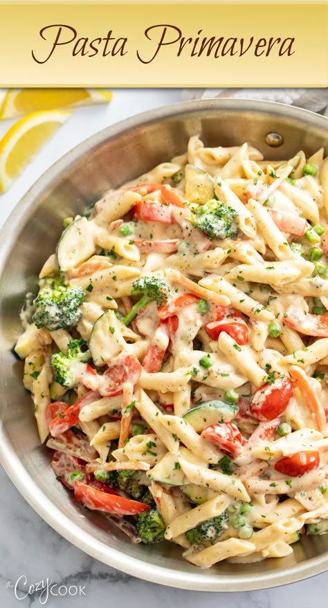 penne pasta with a creamy sauce and a mix of vegetables. Herb Cream Sauce, Creamy Pasta Primavera, Chicken Primavera Pasta, The Cozy Cook, Pasta Primavera Recipe, Penne Pasta Recipes, Cozy Cook, Pasta Penne, Pasta Primavera