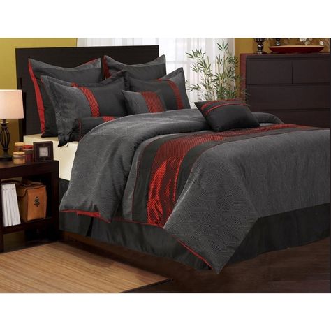 Nanshing Corell Red/Black 7-piece Comforter Set (Queen) Bedsitter Ideas, Red And Black Bedding, Black Comforter Sets, Red Bedding Sets, Black Comforter, Grey Comforter Sets, Grey Comforter, Black Bed, Red Bedroom