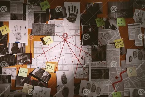 Detective Board with Fingerprints, Photos, Map and Clues Connected by Red String Stock Image - Image of information, darkness: 199515995 Detective Board, Detective Aesthetic, New Retro Wave, Photo Maps, The Villain, الرسومات اللطيفة, Bulletin Board, Art Boards, Detective