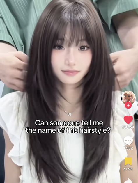 Aesthetic Haircut With Bangs, Hime Haircut Aesthetic, Cute Layers For Long Hair, Japanese Layers Haircut, Hime Haircut With Layers, Japanese Hair Bangs, Hair For Fuller Faces, Wispy Hime Cut, Hime Cut With Wispy Bangs