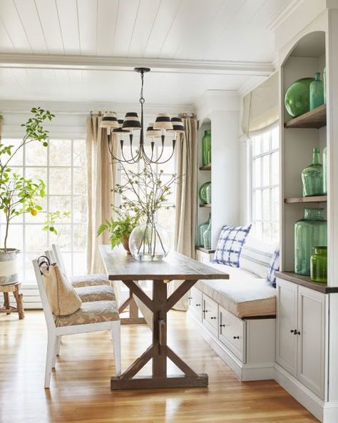 Banquette || black and natural striped shades || green glass collection Kitchen Couch, French Country Decorating Living Room, Couch Ideas, Cartoon Airplane, Kitchen Banquette, Dining Room Remodel, French Country Living Room, Bench Ideas, Banquette Seating