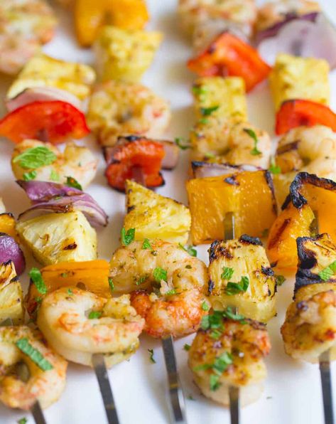 Grilled Shrimp Skewers with Pineapple Mint Marinade - Wholesomelicious Grilled Pineapple Skewers, Margarita Shrimp Kabobs, Grilled Shrimp And Pineapple, Bbq Shrimp Skewers, Grilled Shrimp And Pineapple Skewers, Bbq Shrimp And Sausage Skewers, Prawn Skewers, Sweet Chili Shrimp, Chili Lime Shrimp