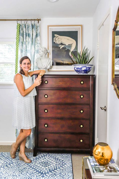 Dressers Next To Bed, Styling A Dresser Top Master Bedrooms, Styling Bedroom Dresser, Dresser Styling Bedroom, High Dresser Decor, Small Dresser Decor, Long Dressers, How To Style A Dresser, Parisian Inspired Bedroom