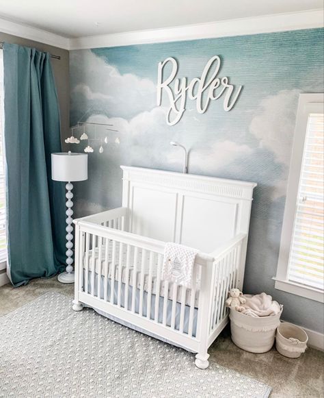 This cloud wallpaper is the ultimate kids bedroom wall decor. This dreamy cloud wallpaper is a nursery decor dream. This gender neutral nursery is a beautiful and cloud themed nursery that is serious nursery dream.  cloud wallpaper, dreamy wallpaper, dreamy nursery decor, anewall decor. #nurserydecor #nurserywallart #clouds #genderneutralnursery  #dreamy #nurserywalldecor Aurora Nursery, Cloud Themed Nursery, Cloud Theme Nursery, Cloud Nursery Theme, Dreamy Wallpaper, Kids Bedroom Wall Decor, Cloud Nursery, Nursery Accent Wall, Dreamy Nursery