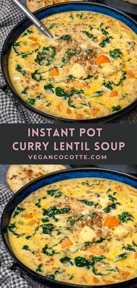 Insta Pot Veggie Soup Recipes, Instant Pot Coconut Curry Lentil Soup, Slow Cooker Coconut Lentil Curry, Coconut Lentil Curry Instant Pot, Instant Pot Curry Soup, Lentil Kale Soup Instant Pot, Best Instapot Soup Recipes, Vegan One Pot Soup, Sweet Potato Lentil Soup Instant Pot