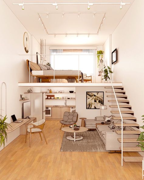 Adu With Loft, Small Loft Apartment Layout, House Design Loft Type, Studio Type House, Loft Studio Apartment Ideas, Loft Type House Small Spaces, Studio Apartment With Loft, Small Loft Apartment Ideas, Studio With Loft