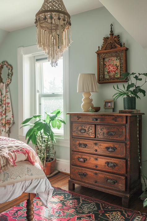 Create a small boho bedroom with vintage charm by mixing antique furniture, retro textiles, and eclectic decor. Add warm lighting and unique accessories to craft a cozy, nostalgic space that feels both stylish and comfortable. #BohoBedroom #VintageCharm #SmallSpaceLiving Bedroom Ideas With Antique Furniture, Small House Eclectic Decor, Vintage Style Room Ideas, Antique Vintage Bedroom, Vintage Small Bedroom Ideas, Vintage Bedroom Ideas Cozy, Boho Christmas Bedroom, Thrifted Bedroom Decor, Vintage Boho Bedroom Inspiration