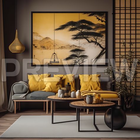 Japandi Style Yellow Colored Interior with frame mockups. https://mbsdigitalprints.etsy.com #interior #interiordesign #roomdesign #livingroom #mockup #frame #framemockup #digitalart #digitalpainting #digitaldrawing #digitalillustration #digitalprinting #digitalprint #art #poster #etsy #digital #wallpaper #walldecor #wallart #pub #ultramodern #modernrooms #modernhome #modernhouse #futuristic Japan House Interior, Template Frame, Mockup Frame, Digital Art Gallery, Japandi Style, Styled Stock Photos, Colored Interior, Frame Art, Styled Stock