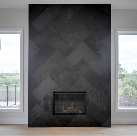 Tiled Fireplace Wall, Black Fireplace Wall, Black Tile Fireplace, Modern Fireplace Ideas Living Rooms, Grey Fireplace, Fireplace Feature Wall, Slate Fireplace, Valentine's Day Celebration, Tile Fireplace