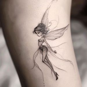 Fairy Tattoo Designs Simple, Fairy And Dragon Tattoo, Fairy Princess Tattoo, Pinup Fairy Tattoo, Fairies Tattoo Designs, Fairy Tattoos For Women Unique, Naked Fairy Tattoo, Garden Fairy Tattoo, Fairy Wing Back Tattoo